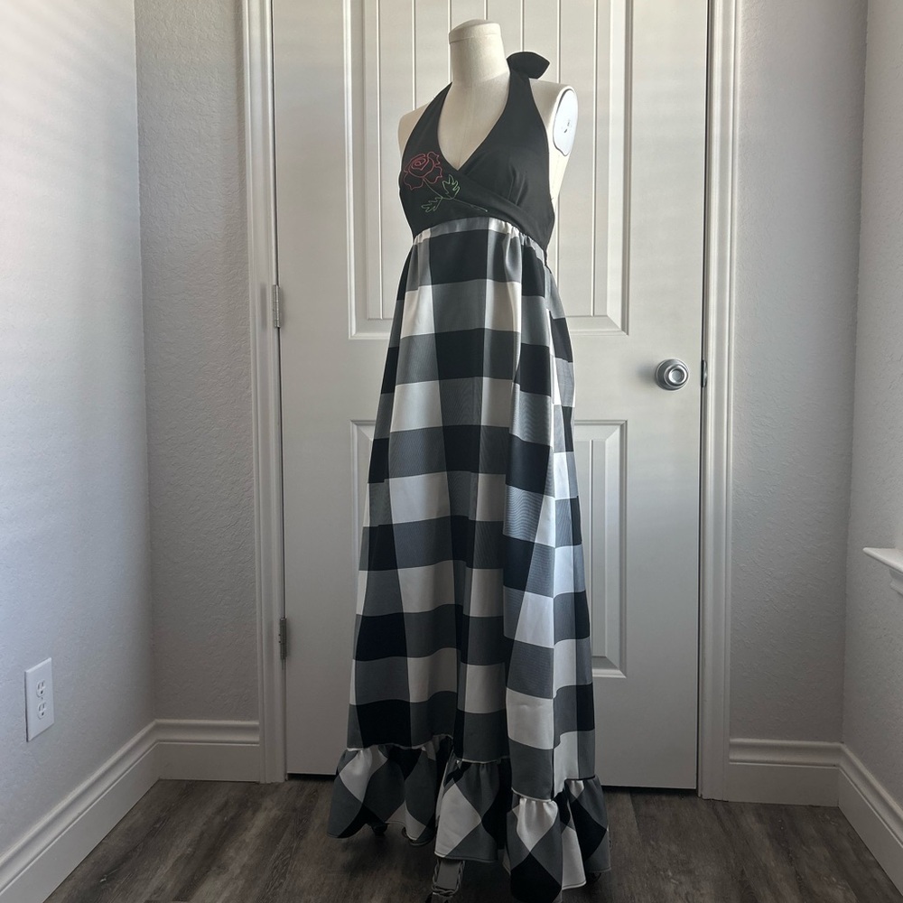 Vintage Black and White Buffalo Plaid Maxi Dress